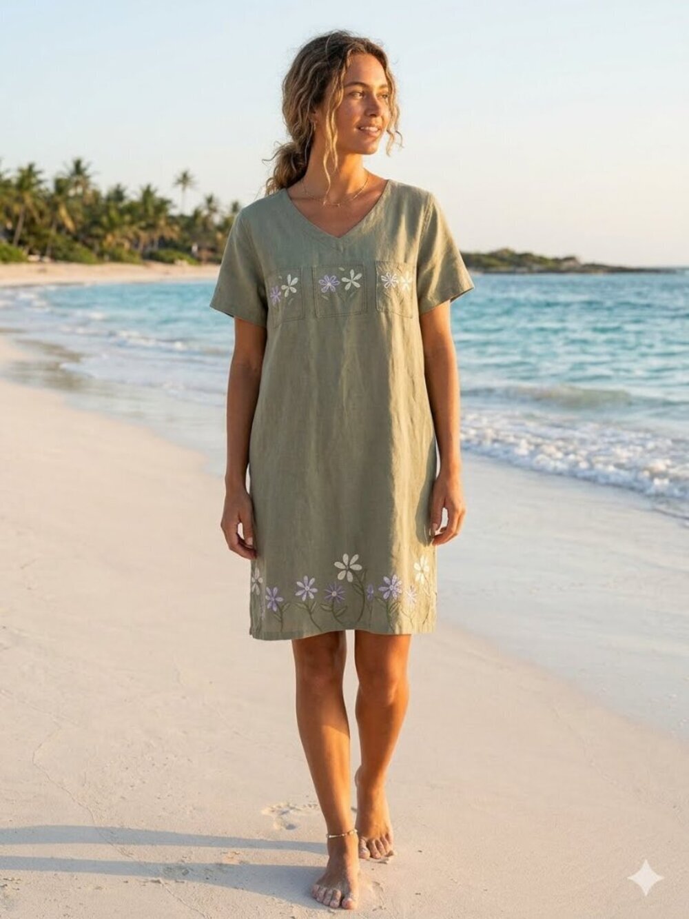 Erika Collection Women's SZ M Linen Blend Floral Printed Short Sleeve Dress Boho